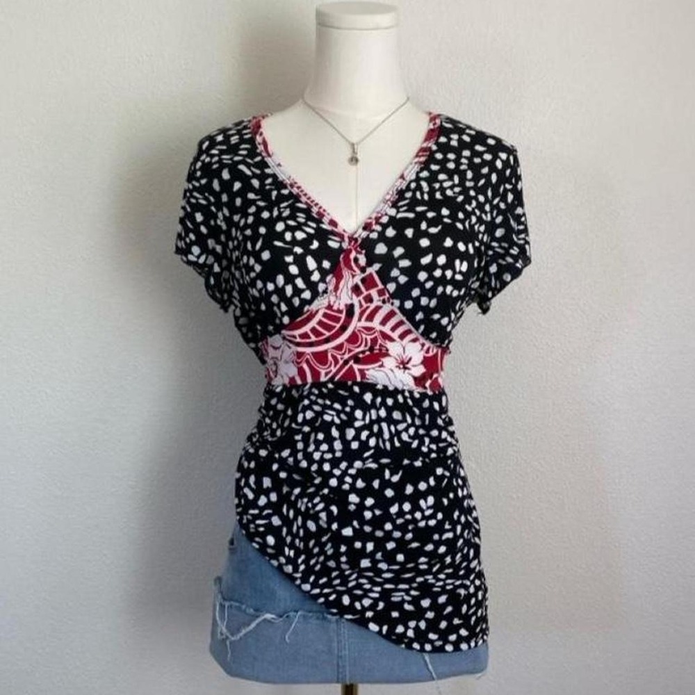 Y2K Susan Lawrence V Neck Tie Mixed Print Empire Waist Tie Back Short Sleeve